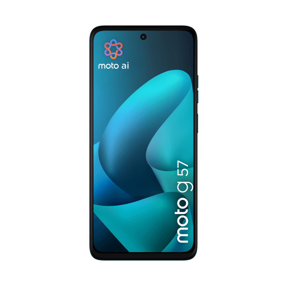 Ciemny smartfon z logo "moto ai" i tekstem "moto g 57" na ekranie.