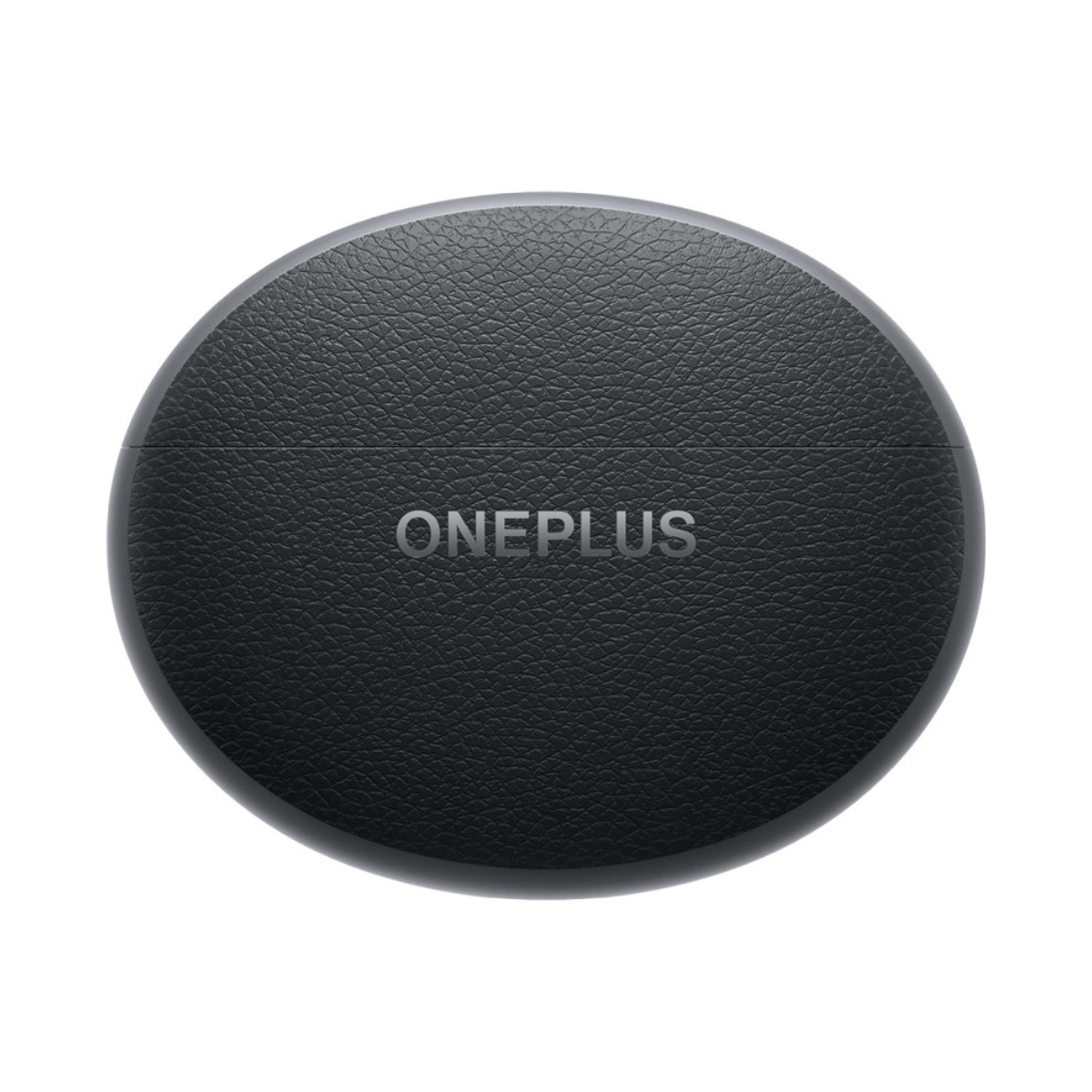 Schwarzes, rundes Ladecase mit OnePlus-Logo. Texturierte Oberfläche.