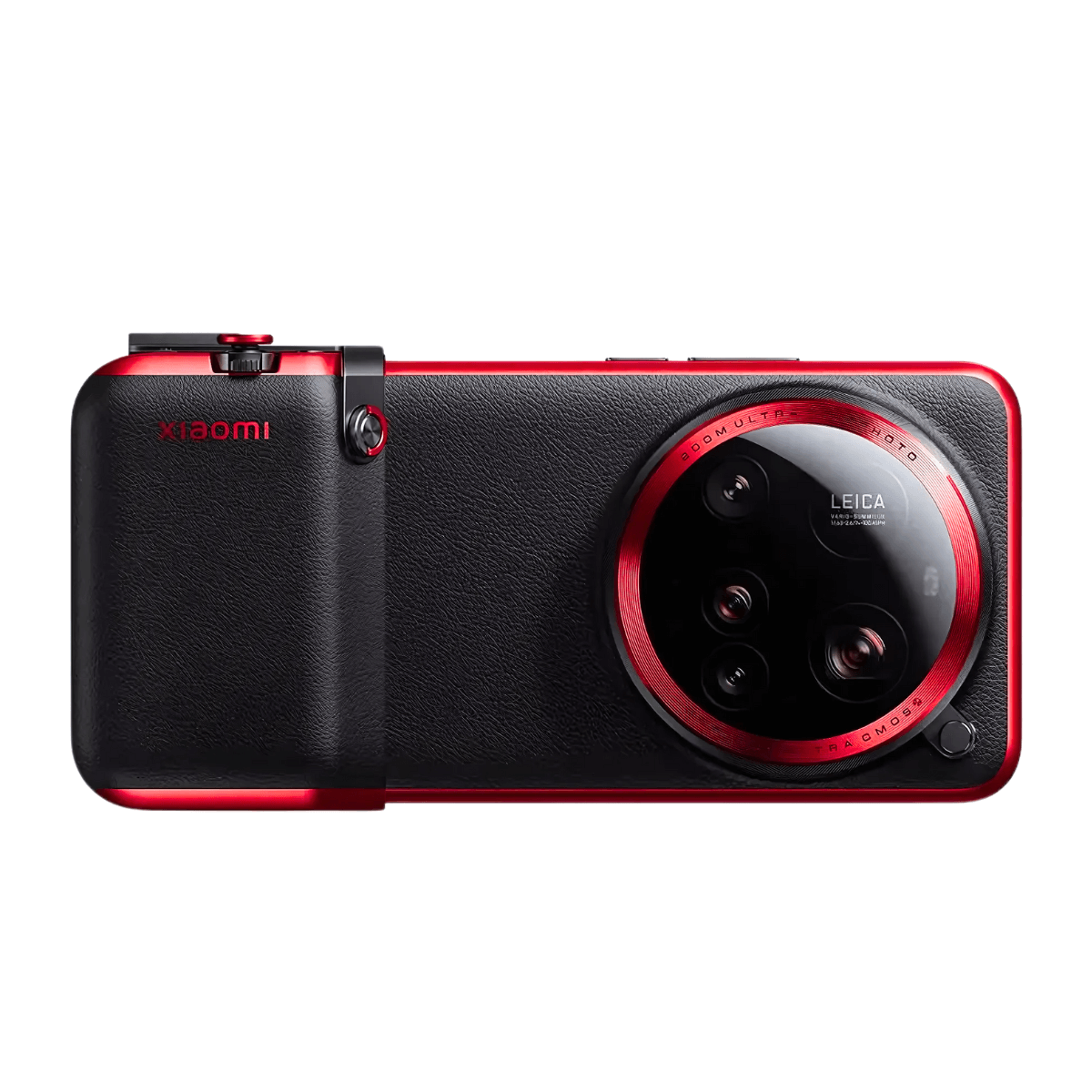 Smartphone nero con bordo rosso, modulo fotocamera con marchio Leica.