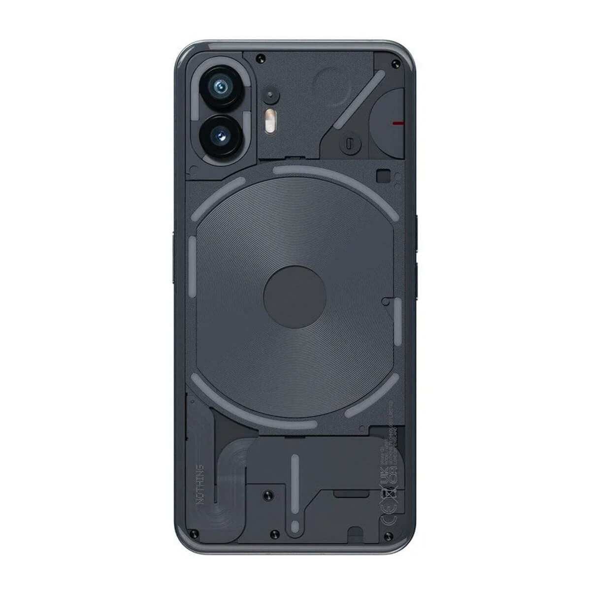Reverso de un smartphone oscuro con diseño transparente que muestra componentes internos.