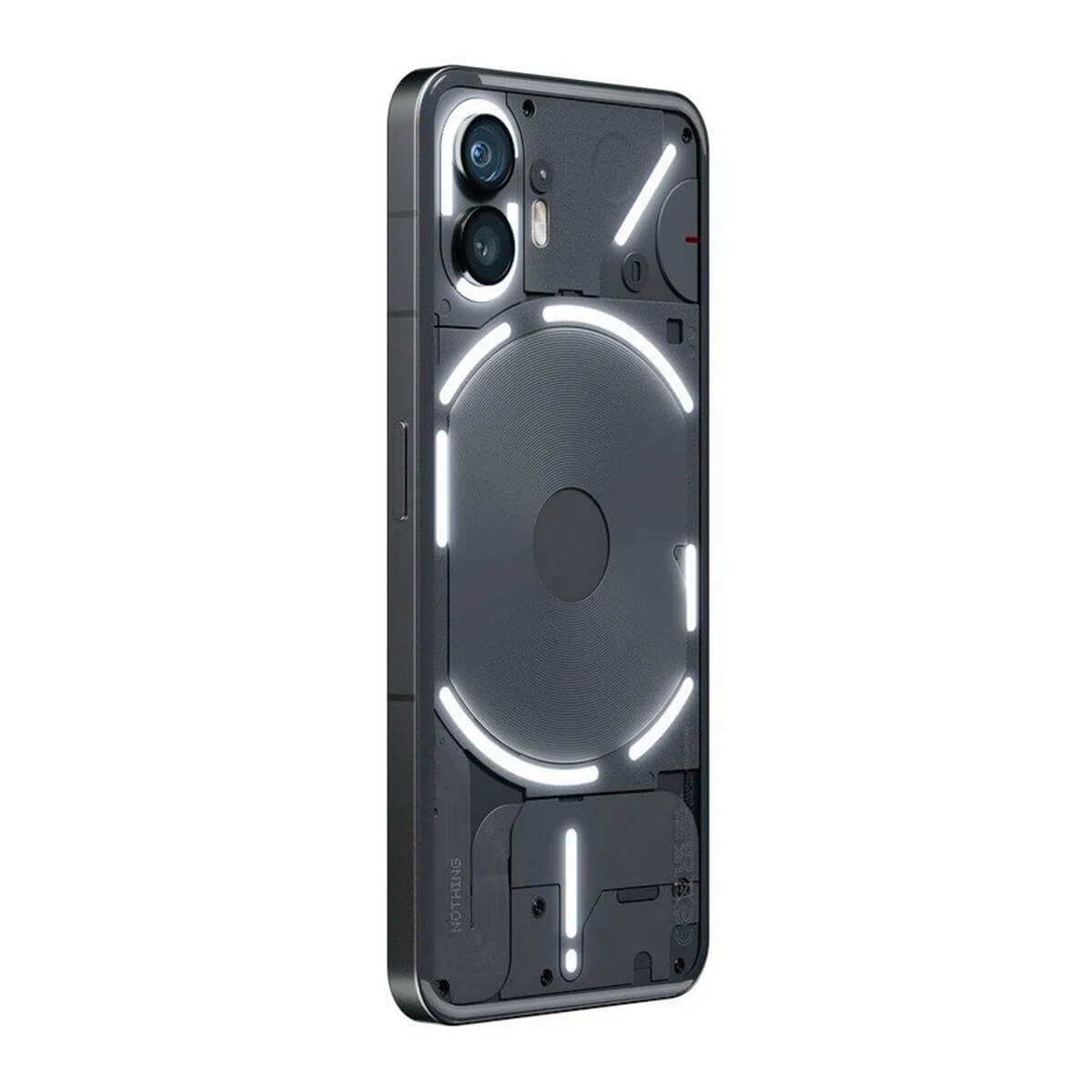 Parte trasera de un smartphone negro con funda transparente y luces.
