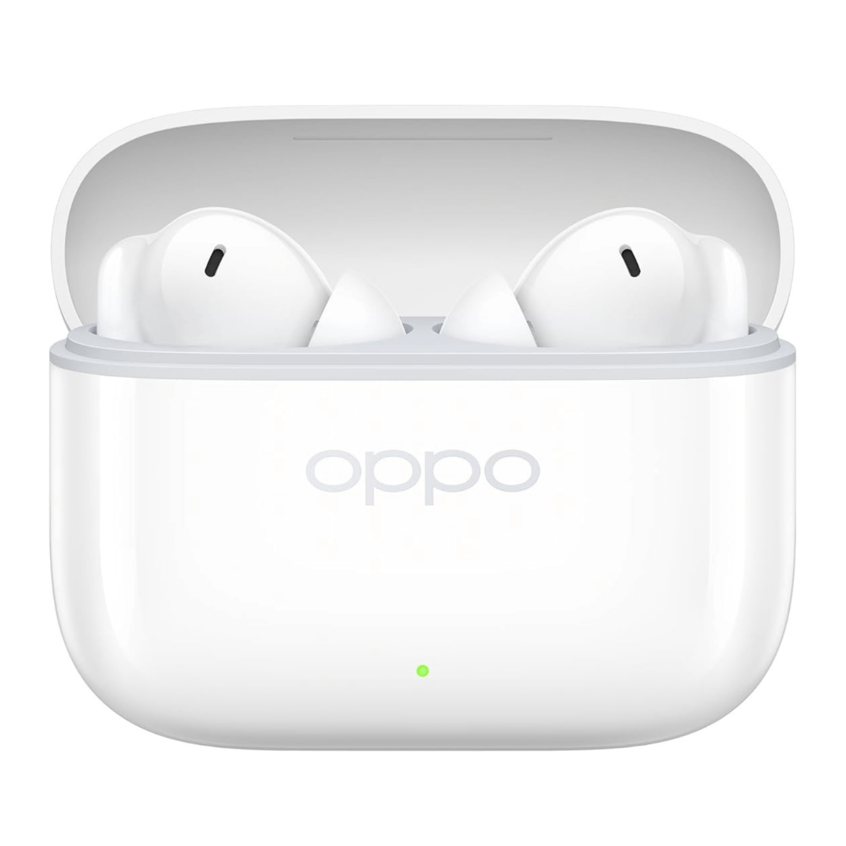 Witte OPPO oordopjes in een open oplaadcase met groen lampje.