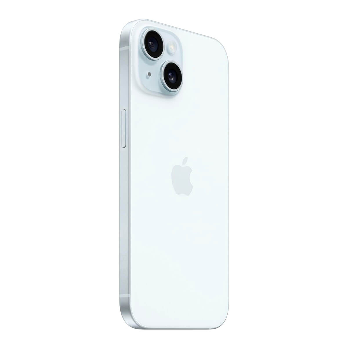 Jasnoniebieski iPhone 14 z dwoma tylnymi aparatami i logo.