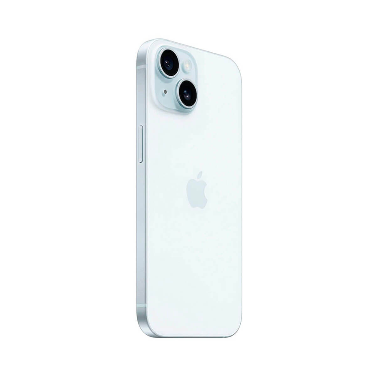 Jasnoniebieski iPhone 14 z dwoma tylnymi aparatami, widziany od tyłu.