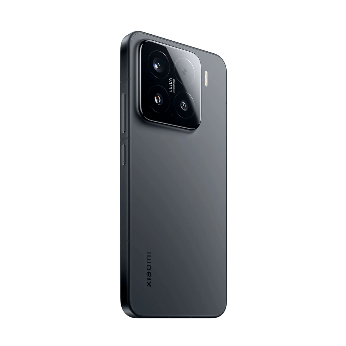 Ciemny smartfon z trzema aparatami i logo Leica, na białym tle.