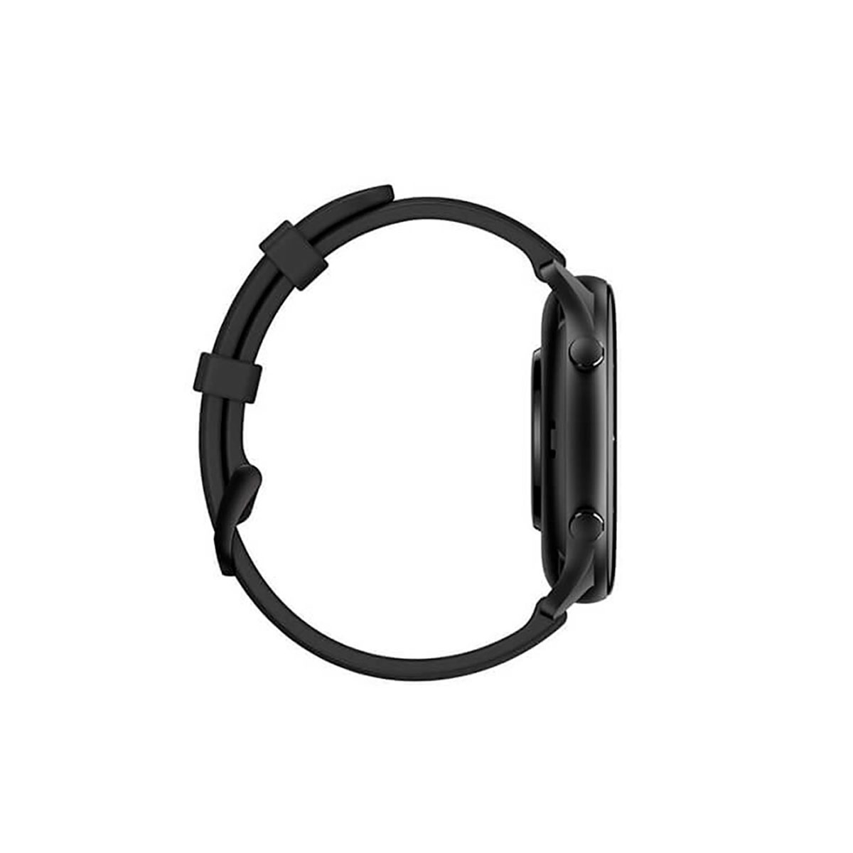 Uno smartwatch nero con quadrante rotondo e cinturino nero, visto di lato.
