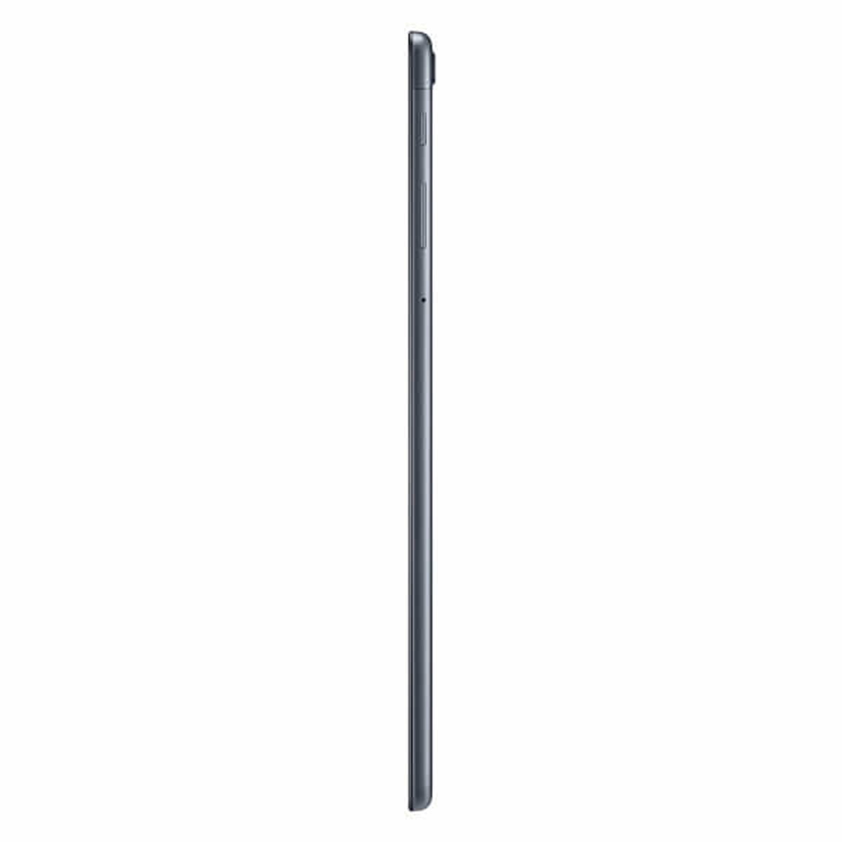 A dark, slim tablet is shown from the side, with buttons on the edge.