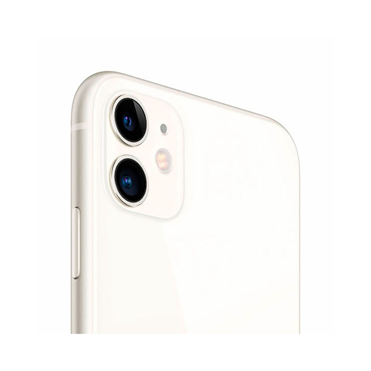 Retro di un iPhone bianco con doppia fotocamera e flash.