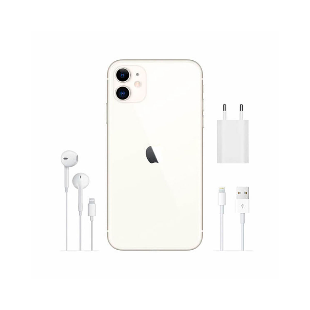 Un iPhone bianco con auricolari e caricabatterie su sfondo bianco.