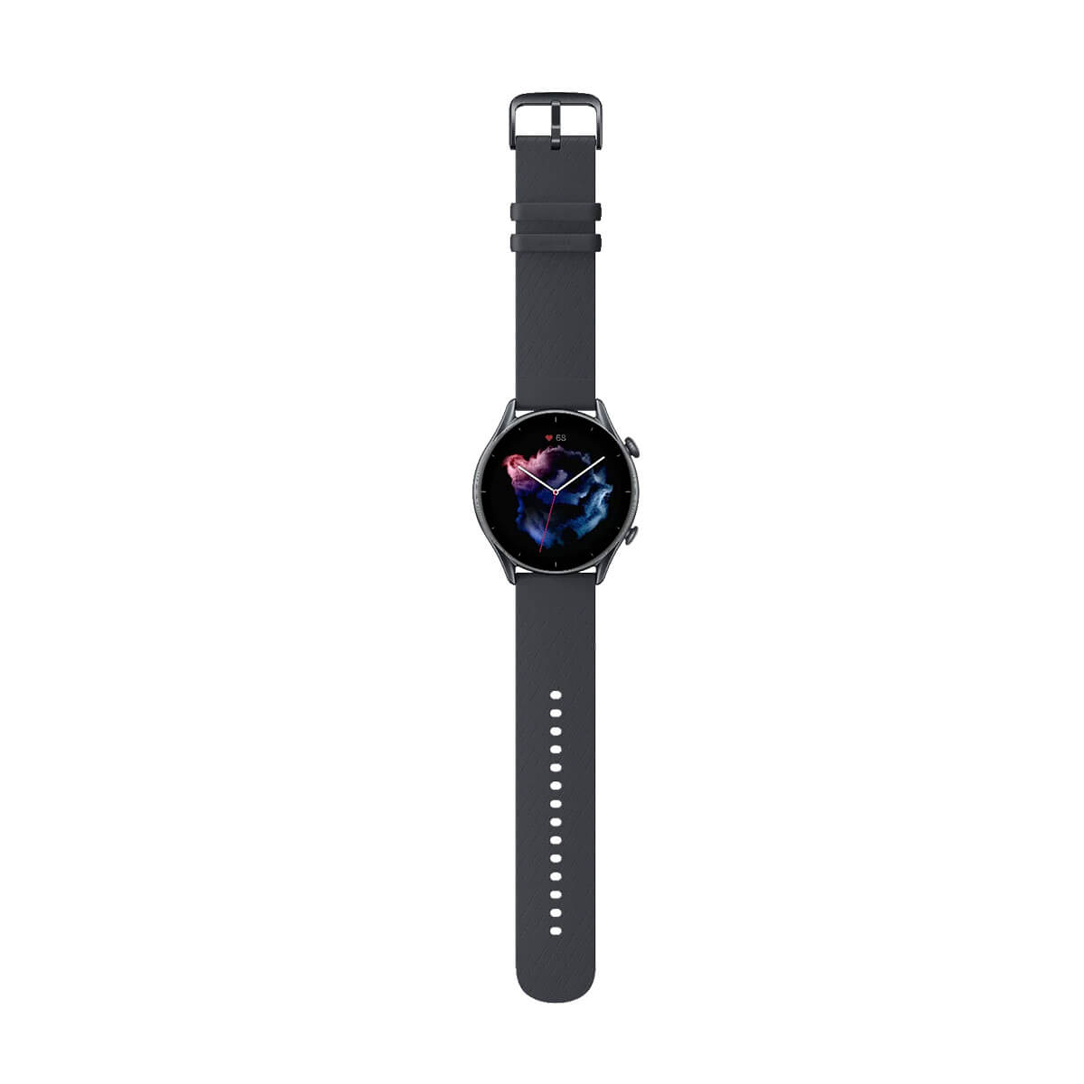 Eine graue Smartwatch mit rundem Zifferblatt und einem bunten Motiv.