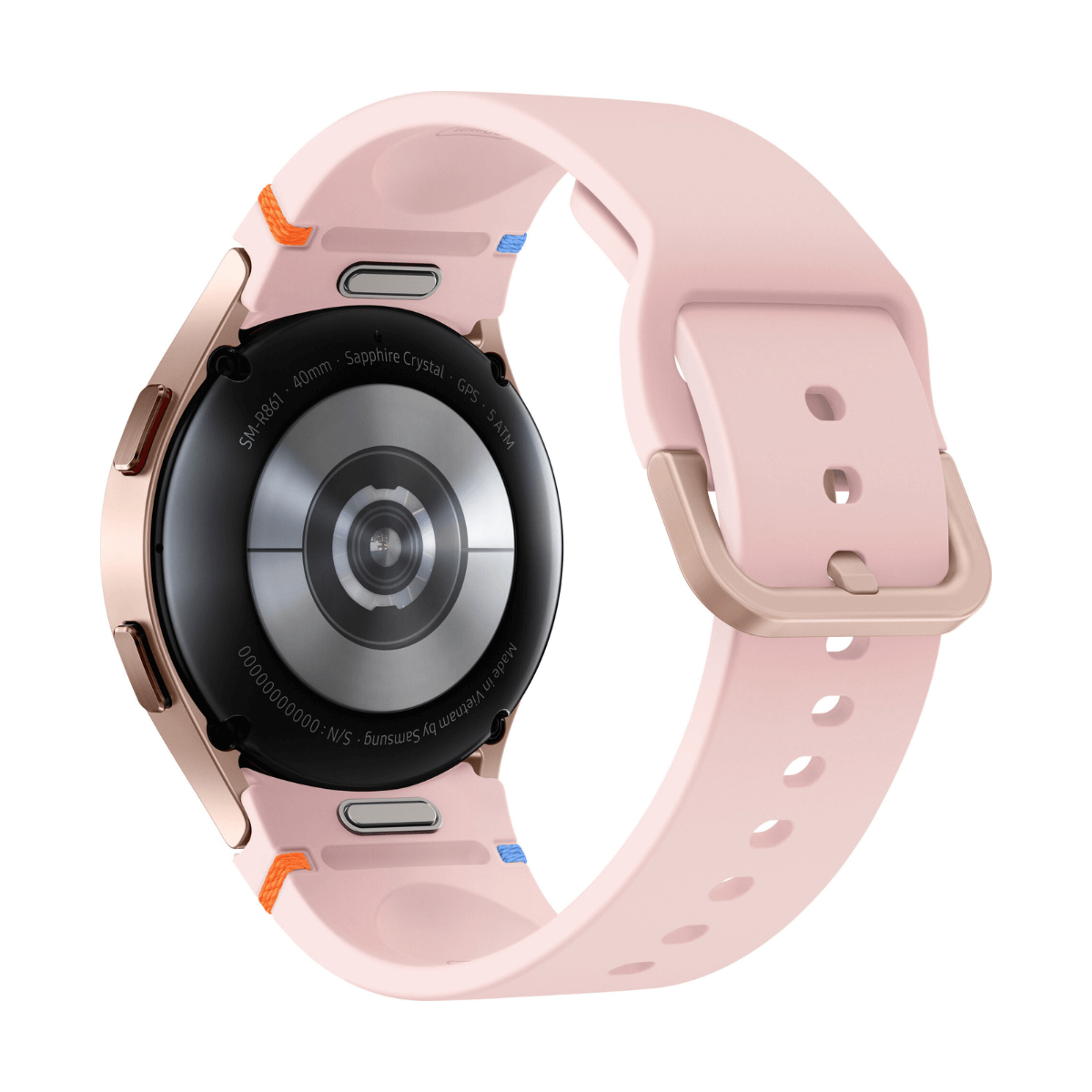 Różowy smartwatch z czarnym deklem i złotymi akcentami.