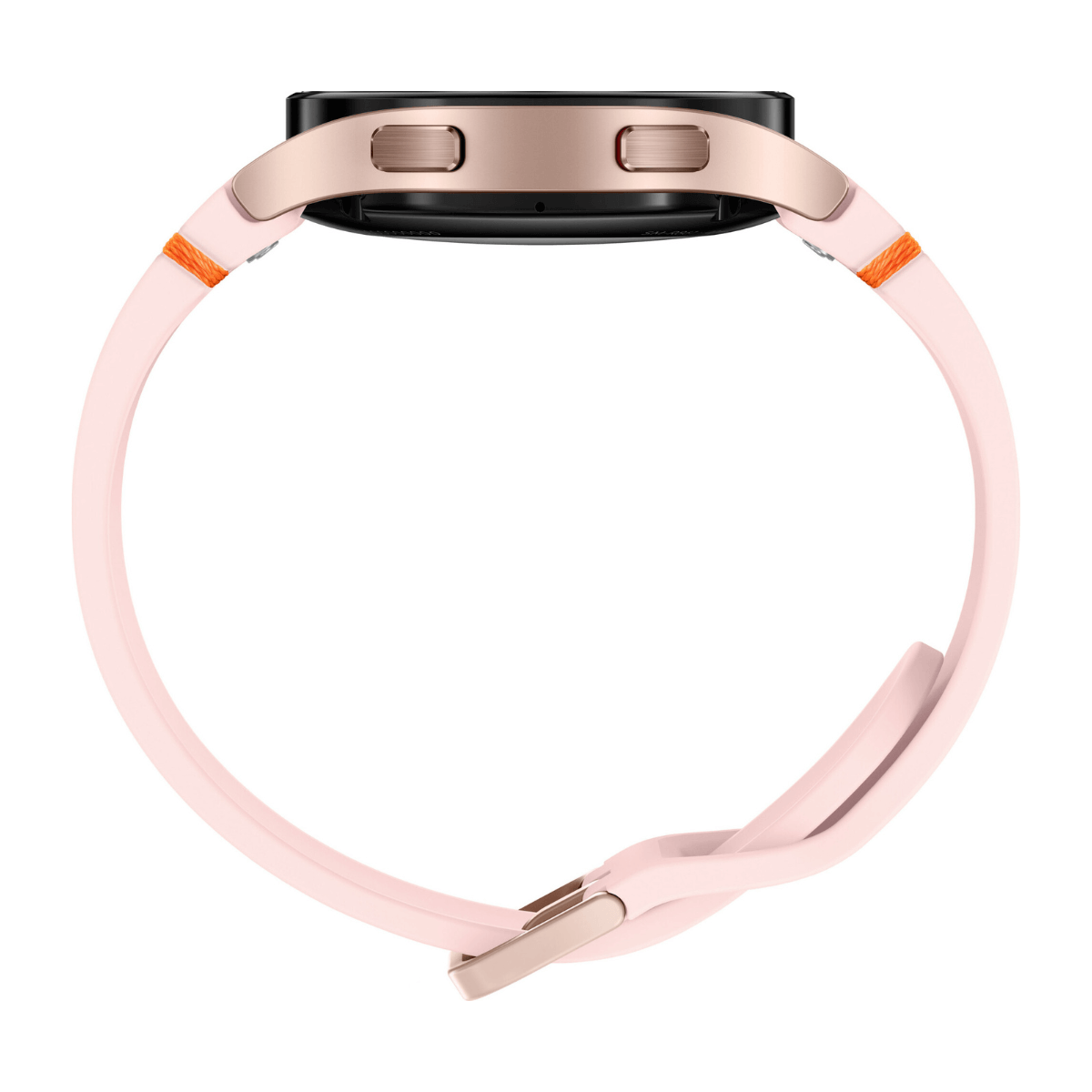 Jasnoróżowy smartwatch z kopertą w kolorze różowego złota i pomarańczowymi akcentami.