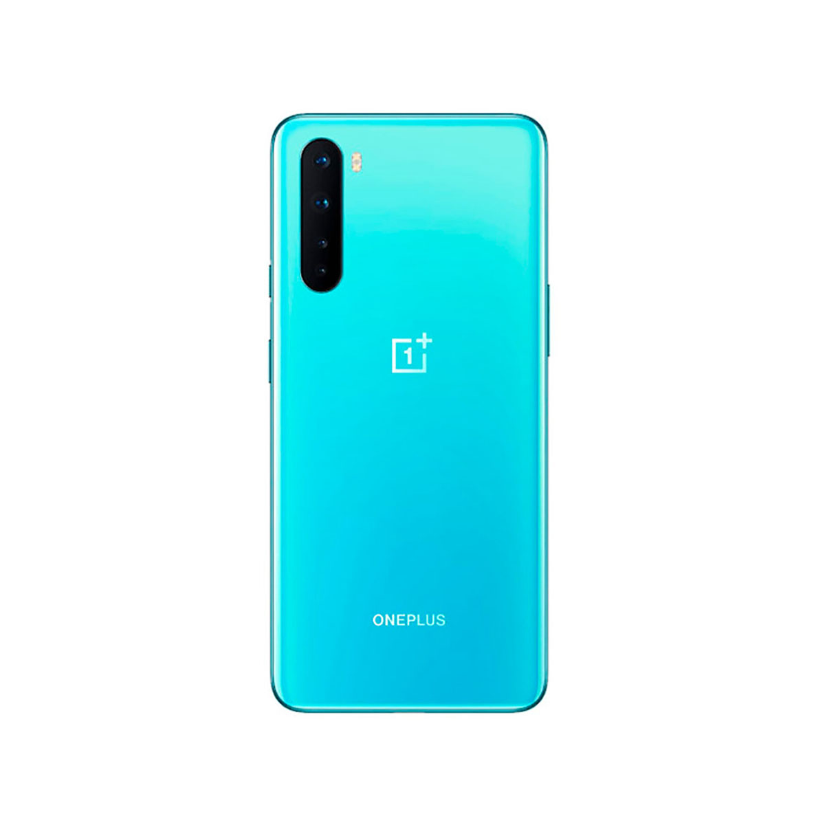 Uno smartphone turchese con tre fotocamere posteriori e il logo OnePlus.