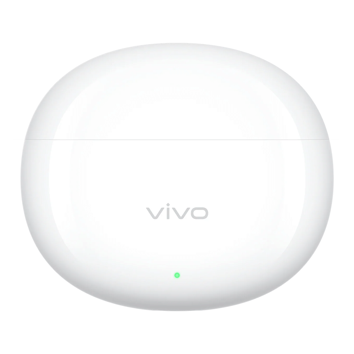 Weiße Vivo Ohrhörerhülle mit kleinem grünen Licht und Vivo-Logo.