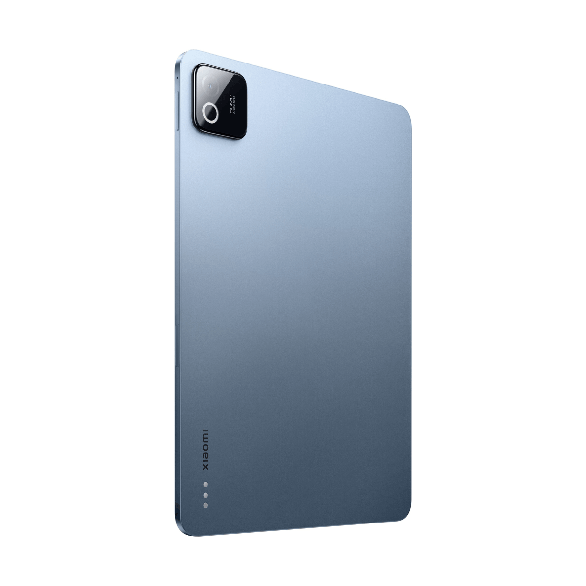 Ein blaues Tablet mit einer 50MP-Kamera auf der Rückseite, links mit Xiaomi-Logo.