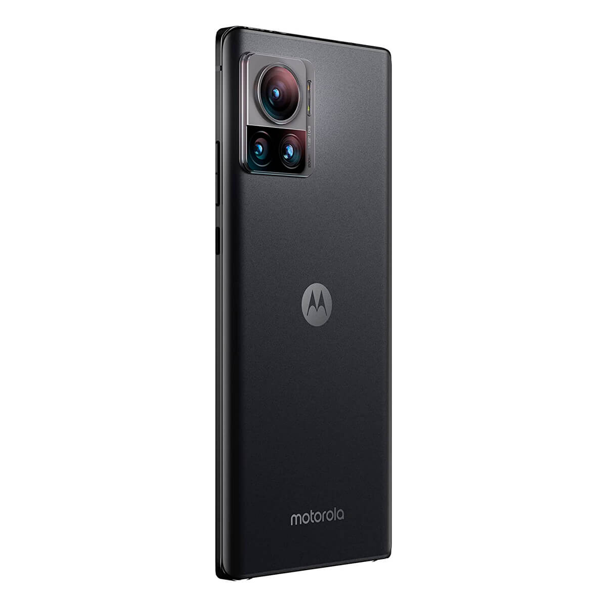 Achterkant van een zwarte Motorola smartphone met drievoudige camera en logo.