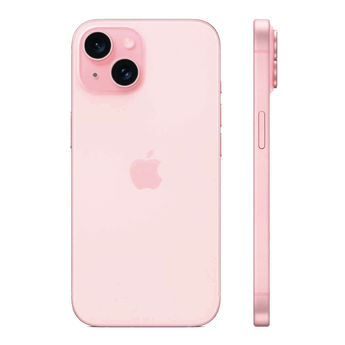 Różowy iPhone z dwoma aparatami i logo Apple. Widok z tyłu i z boku.
