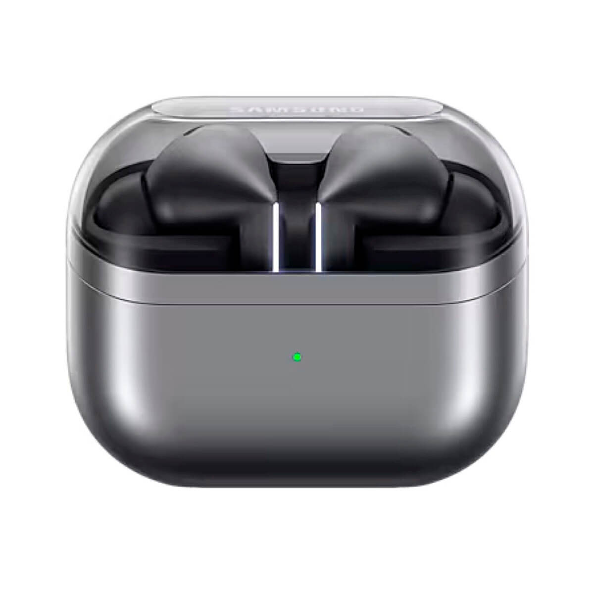 Étui de chargement Samsung gris, couvercle ouvert, écouteurs noirs visibles.