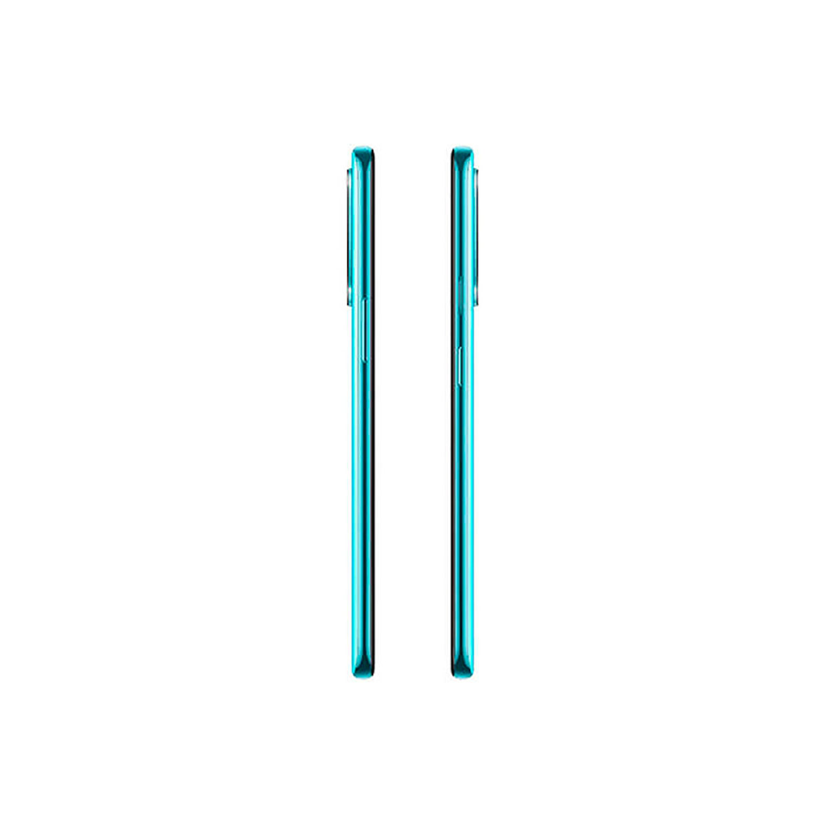 Zwei türkise Smartphones nebeneinander auf weißem Hintergrund.