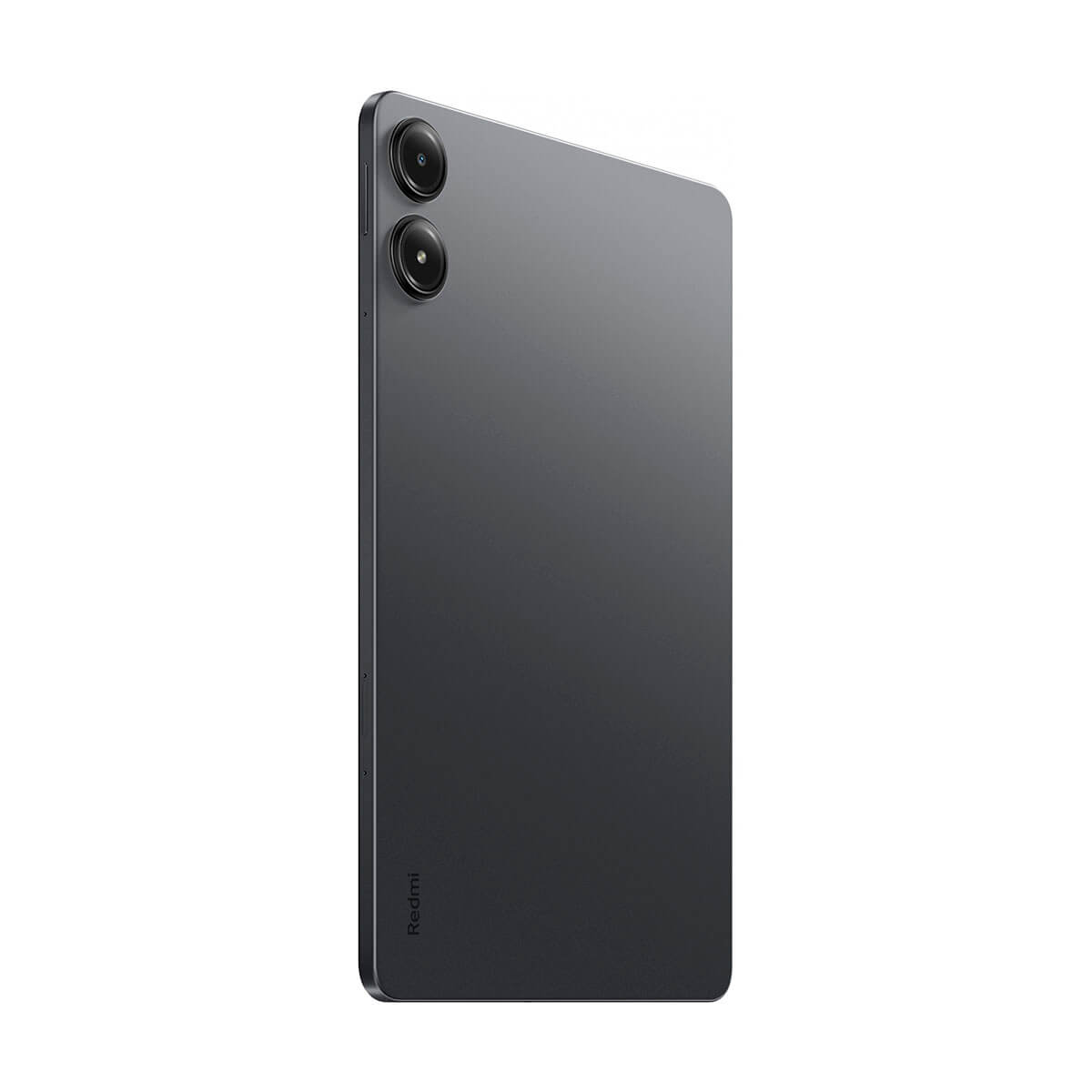 Tablette gris foncé avec double caméra arrière et logo Redmi sur fond blanc.