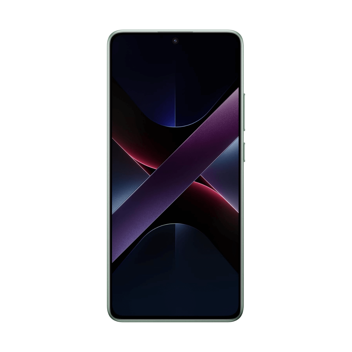 Un smartphone verde claro que muestra un fondo de pantalla abstracto y oscuro.