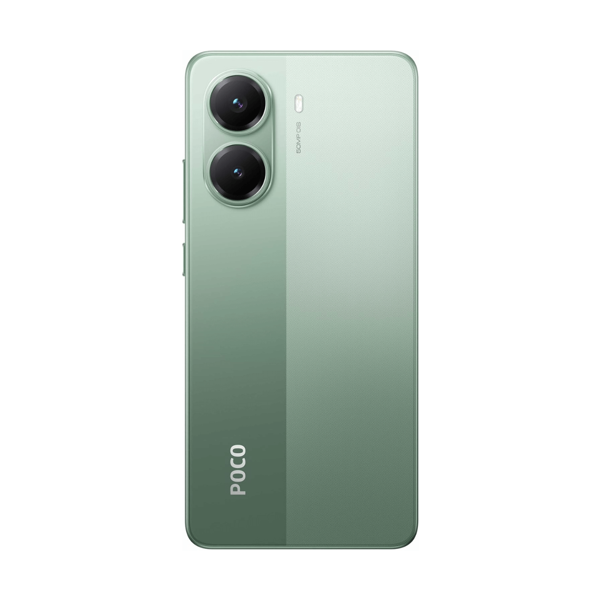 Parte trasera de un smartphone Poco verde con dos cámaras y logo.