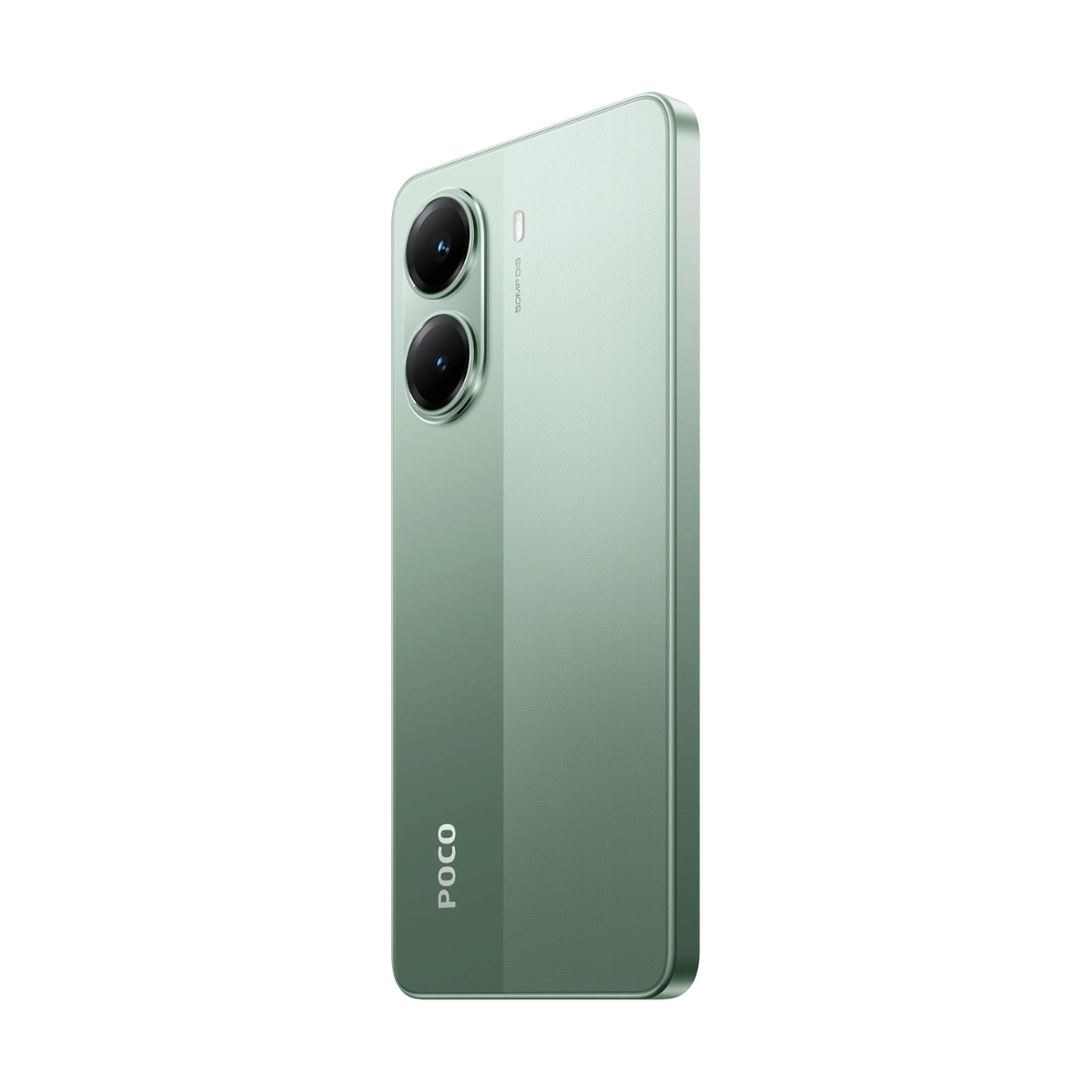 Teléfono inteligente verde con doble cámara y logo POCO, sobre fondo blanco.