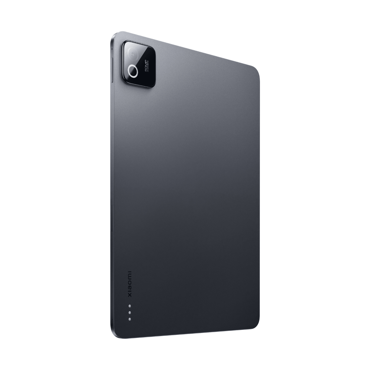 Tableta gris oscuro con cámara de 50MP y logo de Xiaomi en la parte trasera.