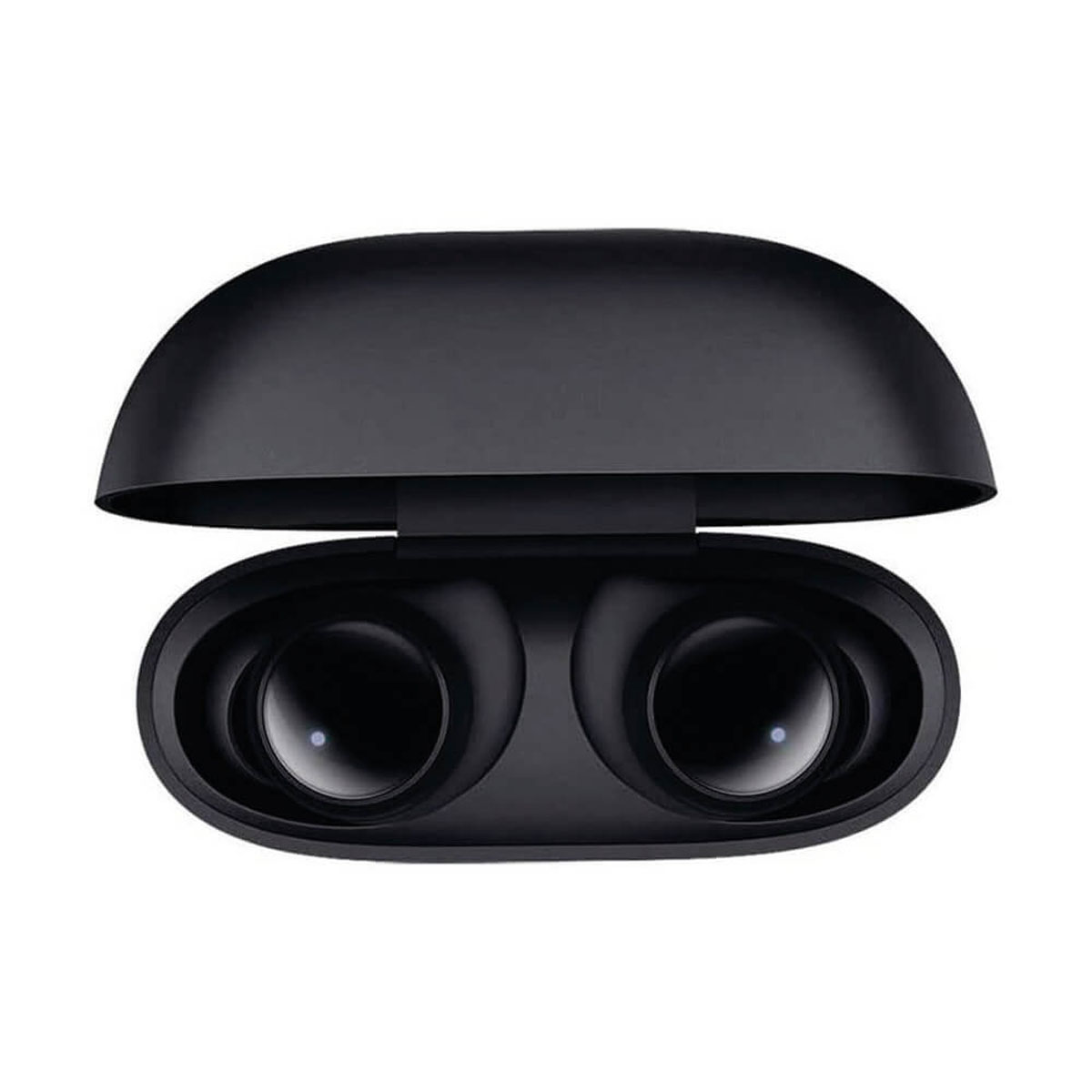 Auricolari wireless neri in una custodia di ricarica aperta, dettagli bianchi.
