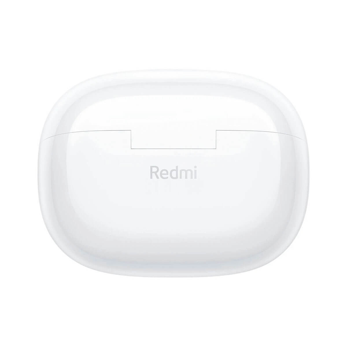 Zamknięte, białe etui ładujące do słuchawek z logo Redmi.