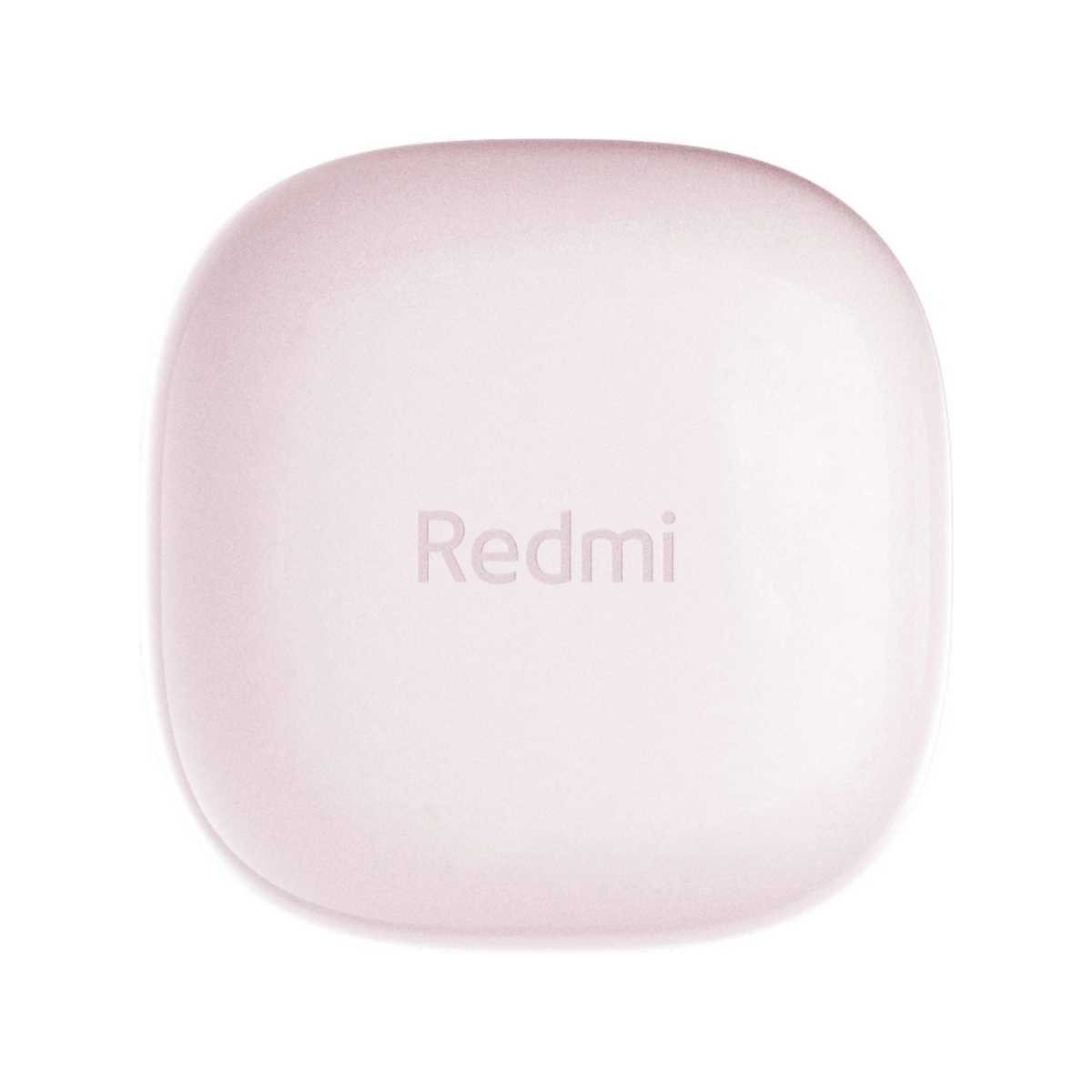 Een lichtroze Redmi oplaadcase met afgeronde hoeken en ingegraveerd logo.