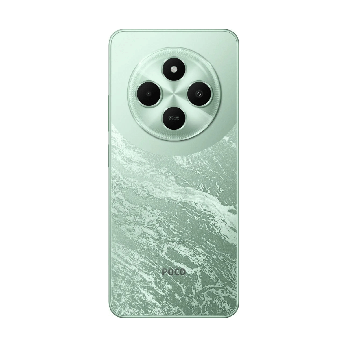 Parte trasera de un smartphone verde menta con patrón de mármol y tres cámaras.