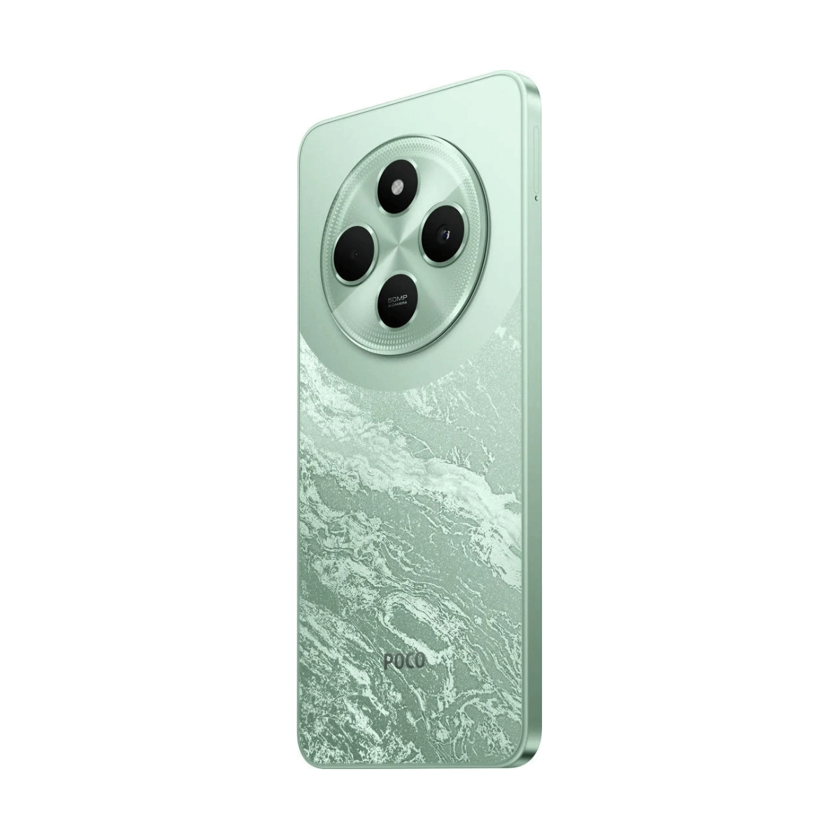 Un smartphone verde claro con un módulo de cámara prominente y patrón de mármol.