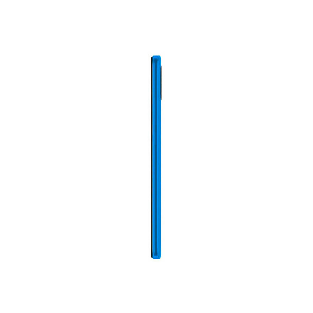 Ein blaues Smartphone im Seitenprofil auf weißem Hintergrund.