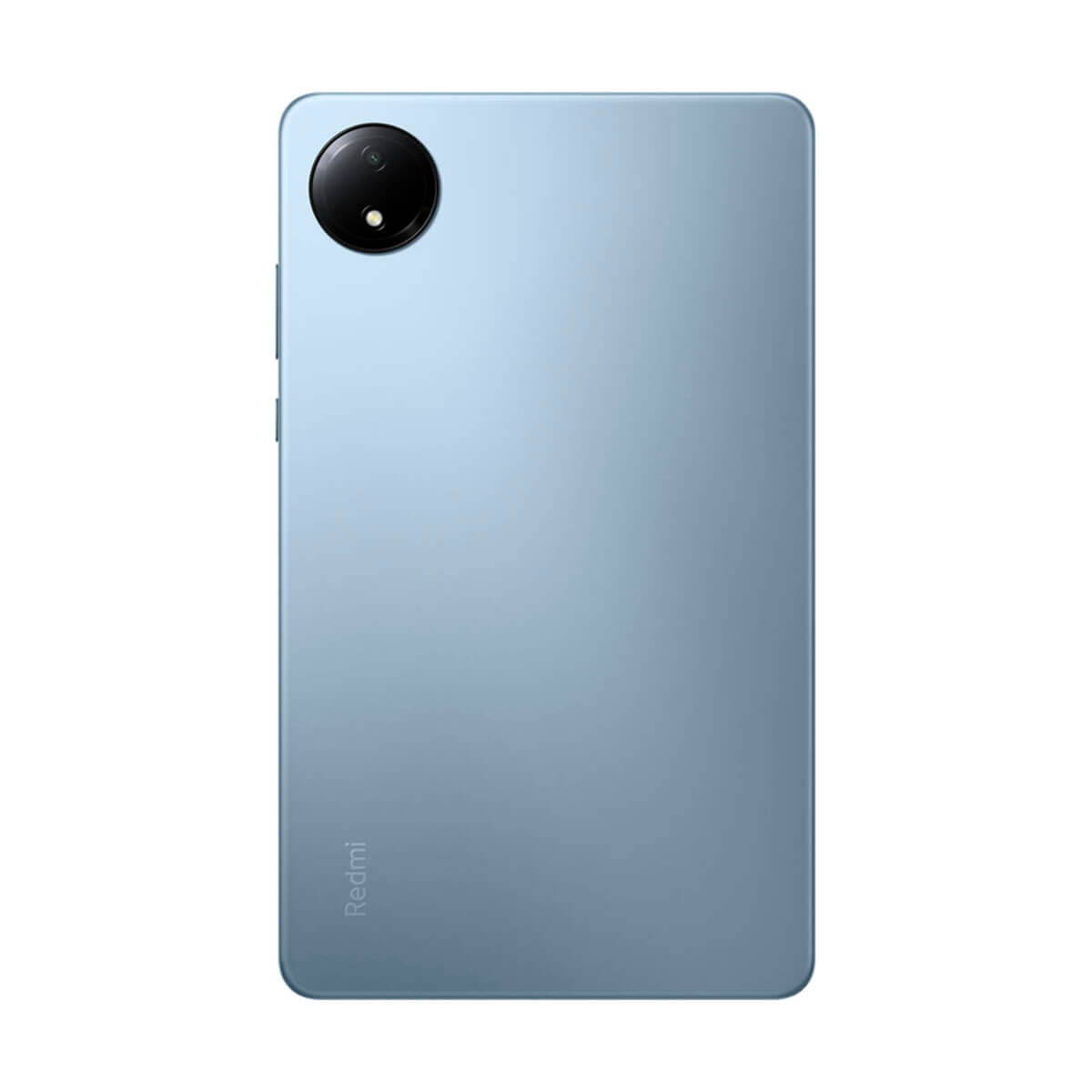 Achterkant van een blauwe smartphone met ronde cameralens en Redmi-logo.