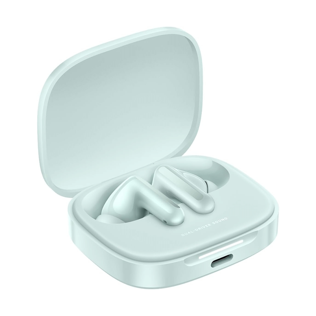 Lichtblauwe draadloze oordopjes in een open oplaadcase. Tekst: DUAL-DRIVER SOUND.