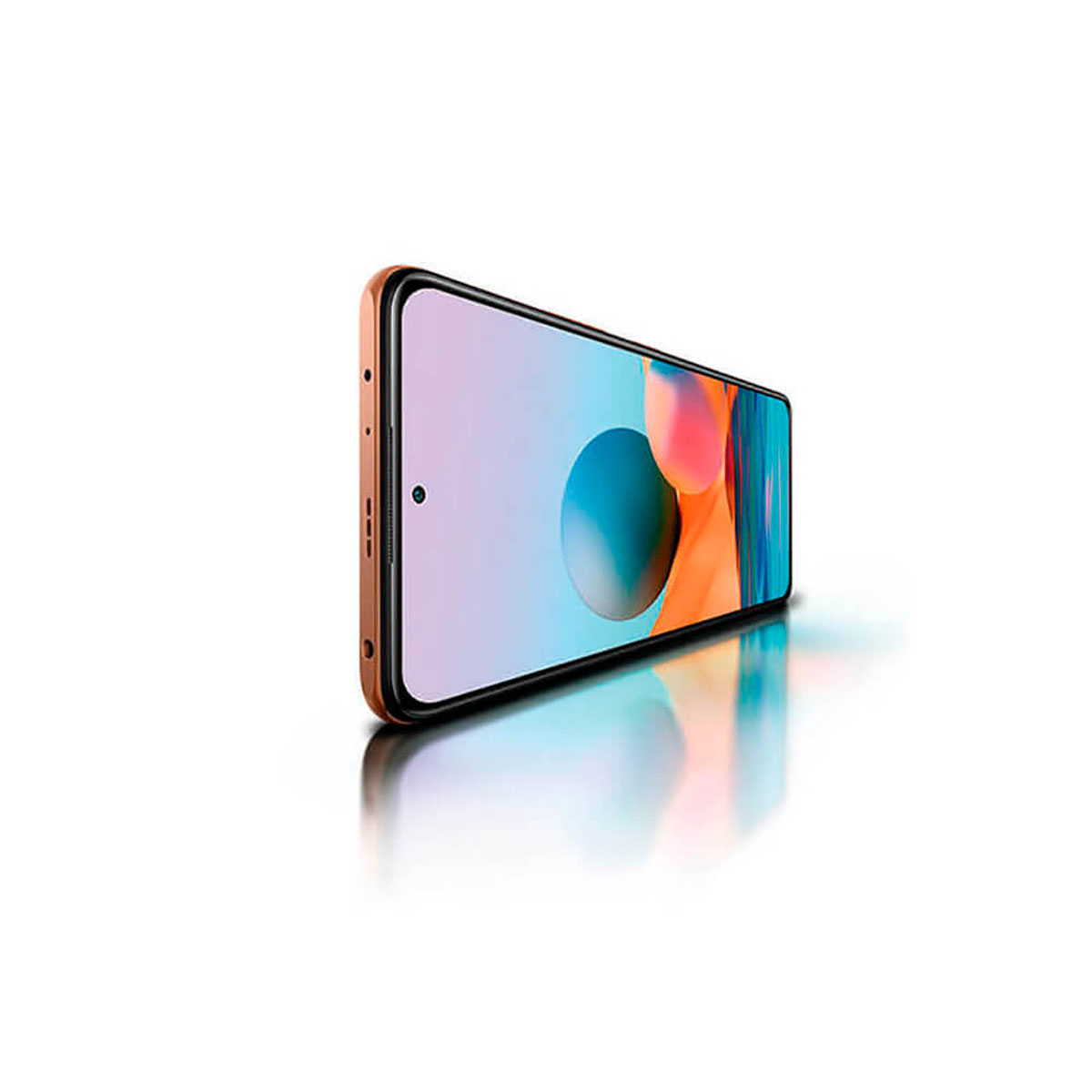 Pomarańczowy smartfon wyświetla kolorowe tło na ekranie.