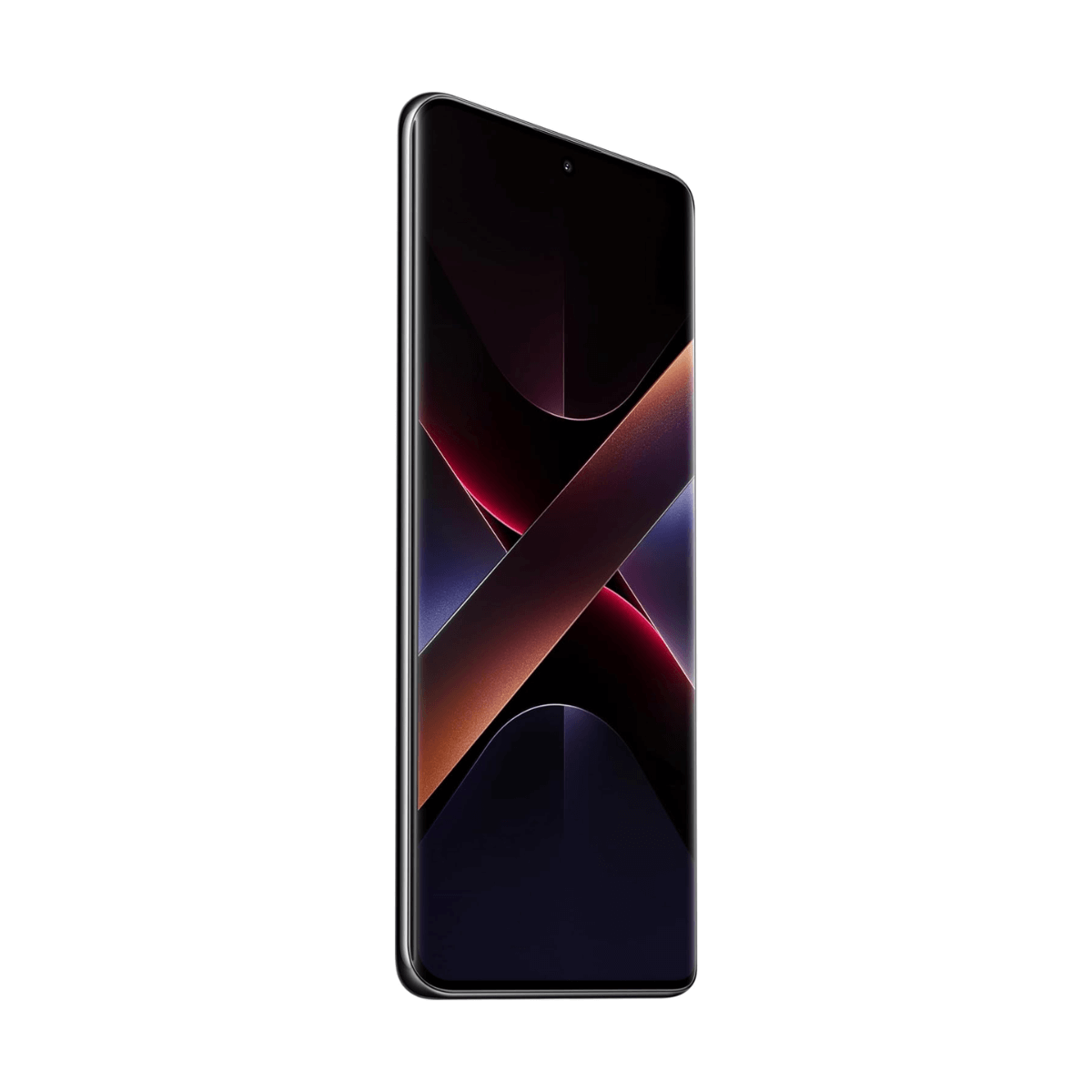 Smartfon z ciemnym ekranem wyświetlającym abstrakcyjny wzór w kolorach czerwonym i niebieskim.