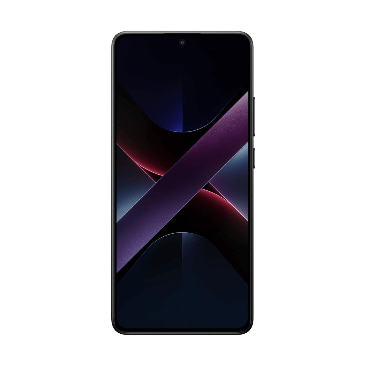 Czarny smartfon z ciemnym tłem pokazujący wzór w kształcie litery X z czerwonymi i niebieskimi światłami.
