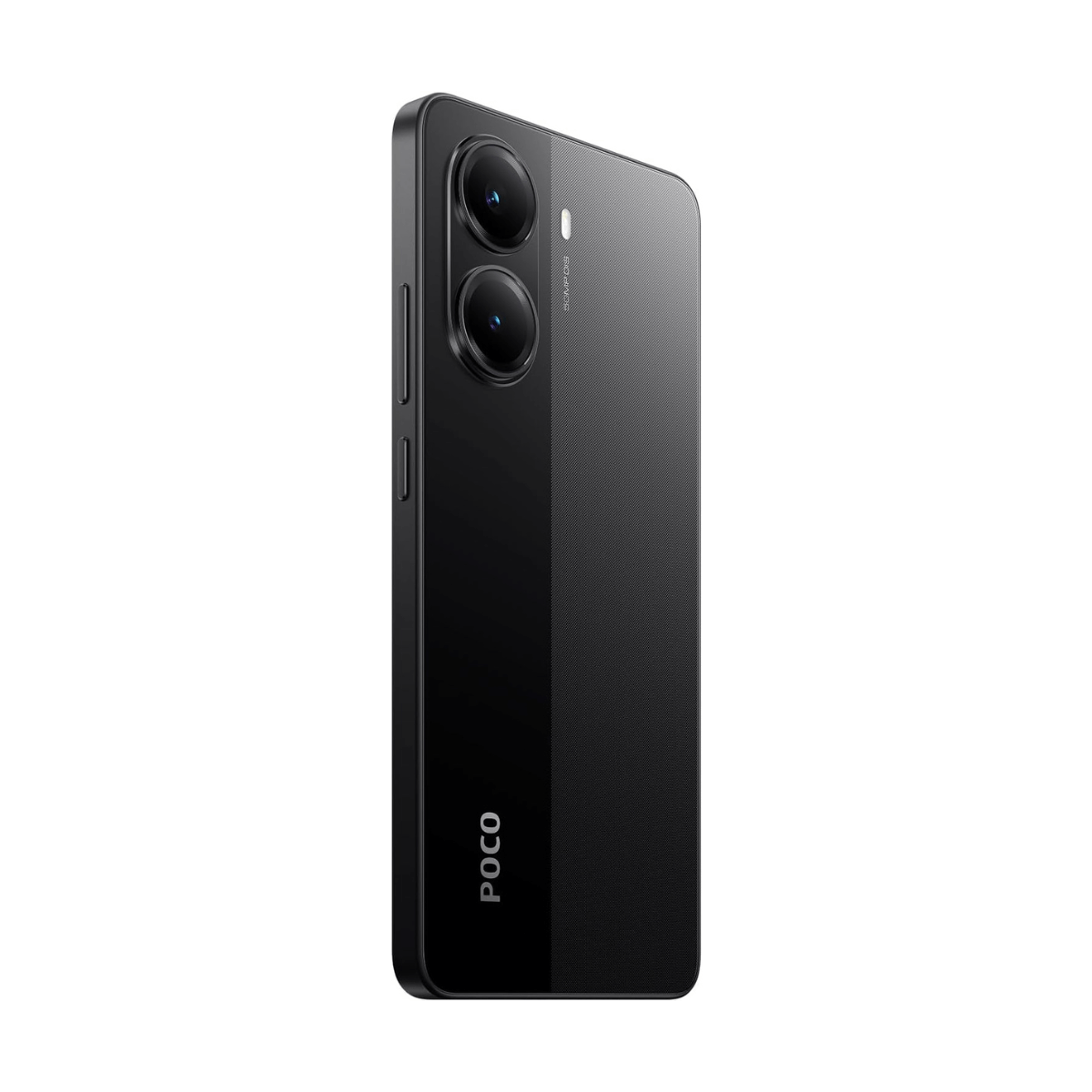 Czarny smartfon z dwoma aparatami i logo POCO na białym tle.