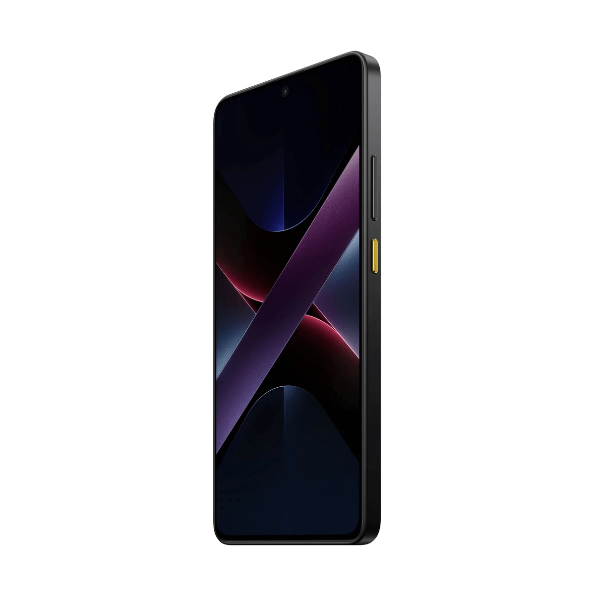 Ein schwarzes Smartphone mit einem dunklen Hintergrundbild mit lila und roten Linien.