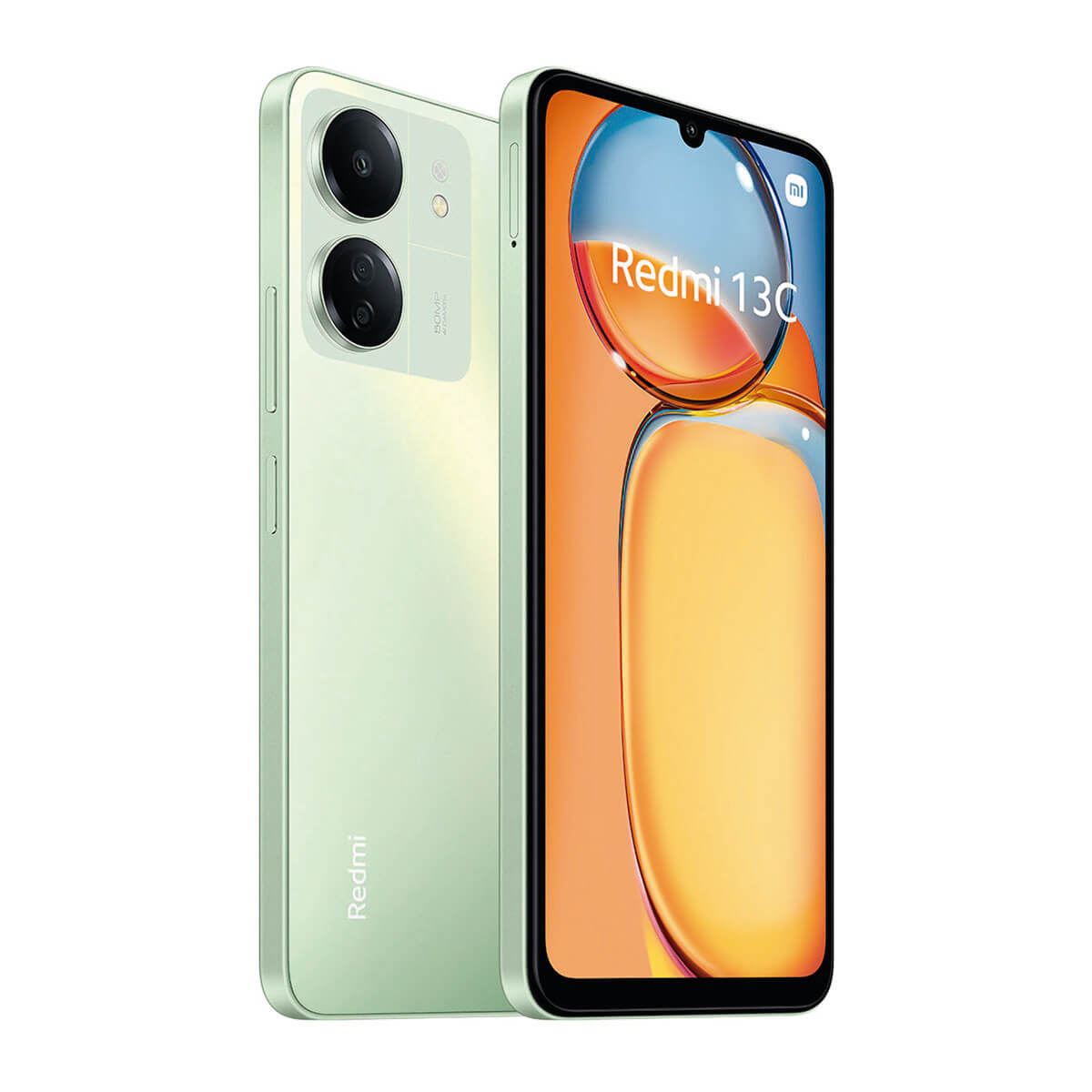 Ein hellgrünes Smartphone mit zwei Kameras auf der Rückseite und einem auf dem Bildschirm.