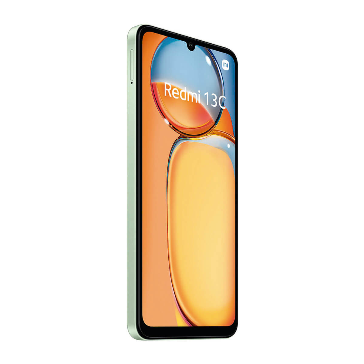 Ein hellgrünes Smartphone mit einem farbenfrohen Hintergrund mit "Redmi 13C" auf dem Bildschirm.