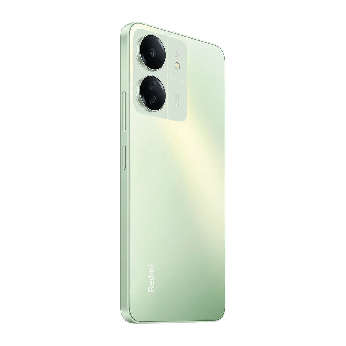 Ein hellgrünes Smartphone mit zwei Kameras auf der Rückseite und dem Redmi-Logo.