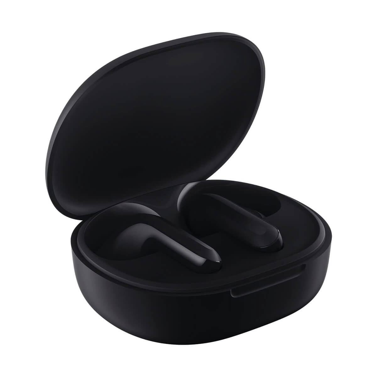 Auriculares inalámbricos negros dentro de un estuche de carga abierto.