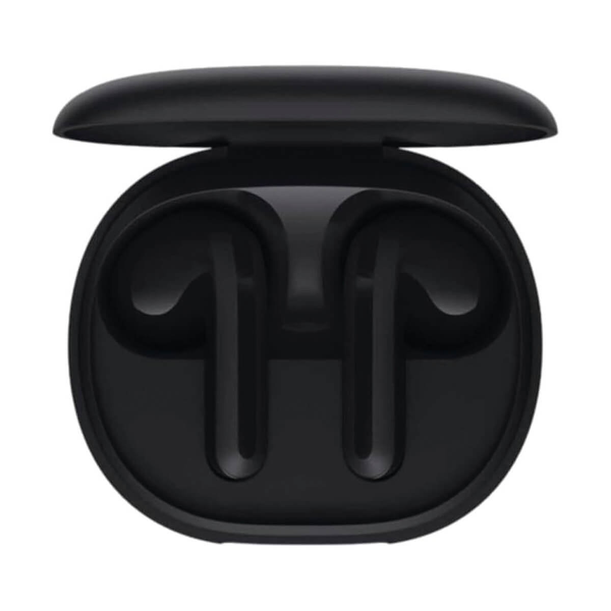 Auriculares inalámbricos negros dentro de un estuche de carga abierto.