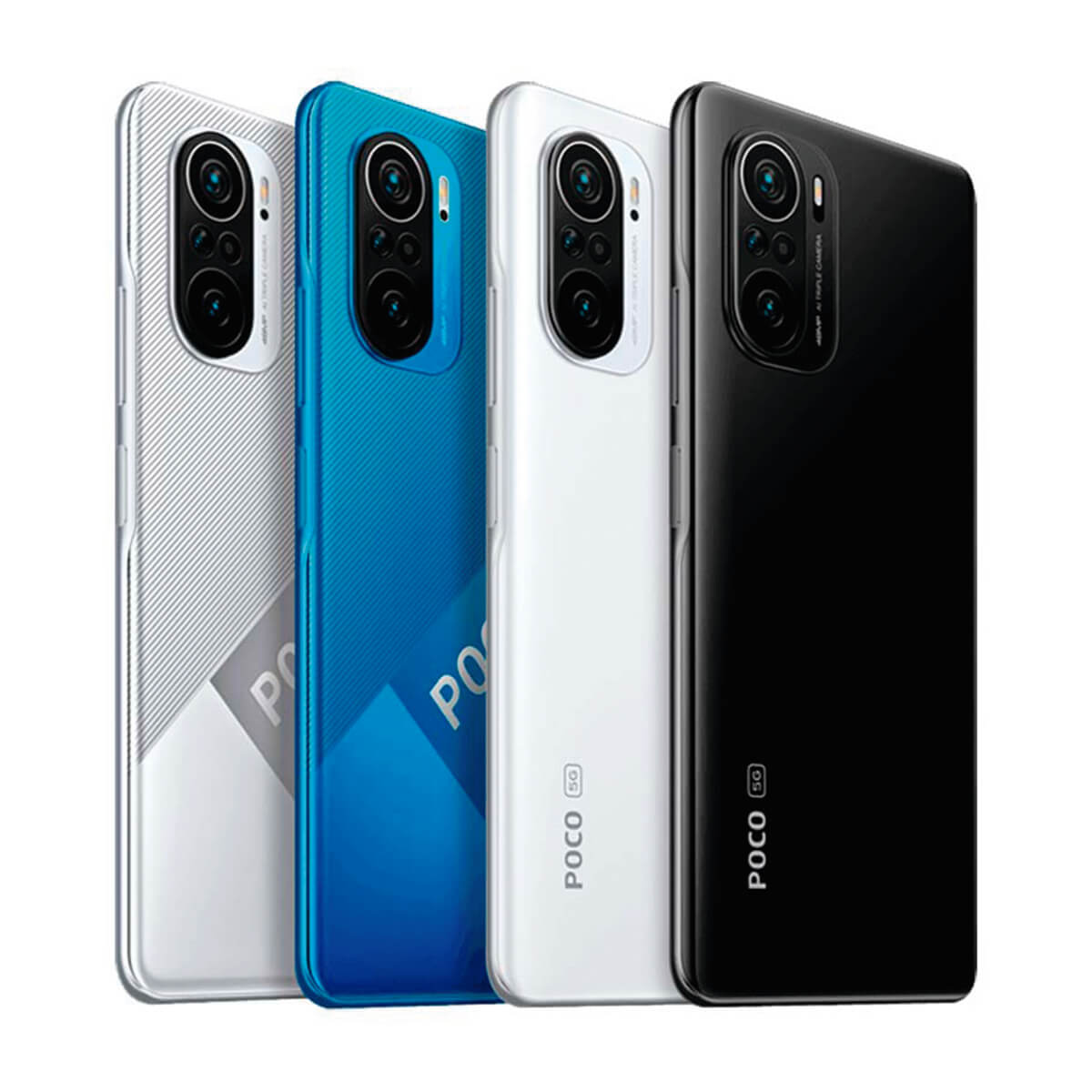 Cuatro smartphones Poco 5G en blanco, azul, blanco y negro, con matrices de cámara.
