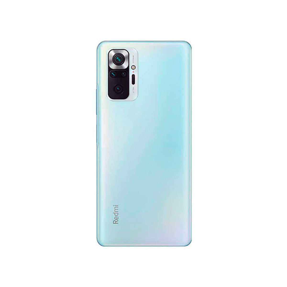 Back of a light blue smartphone with a quad camera setup and Redmi logo.