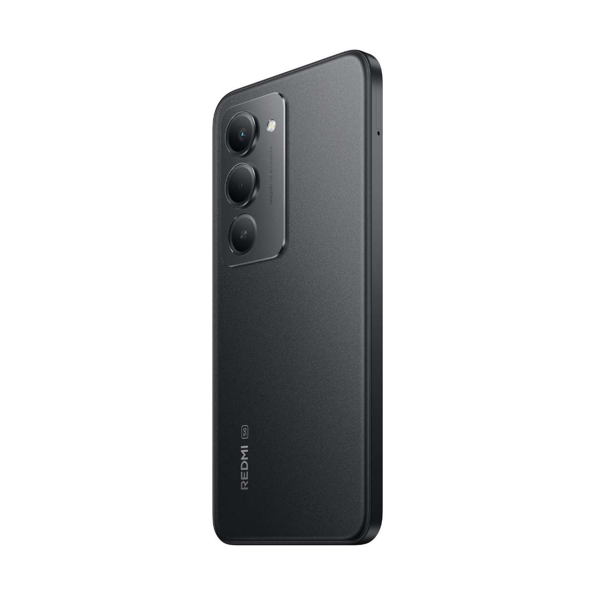 Ciemnoszary smartfon z trzema aparatami i logo Redmi 5G.