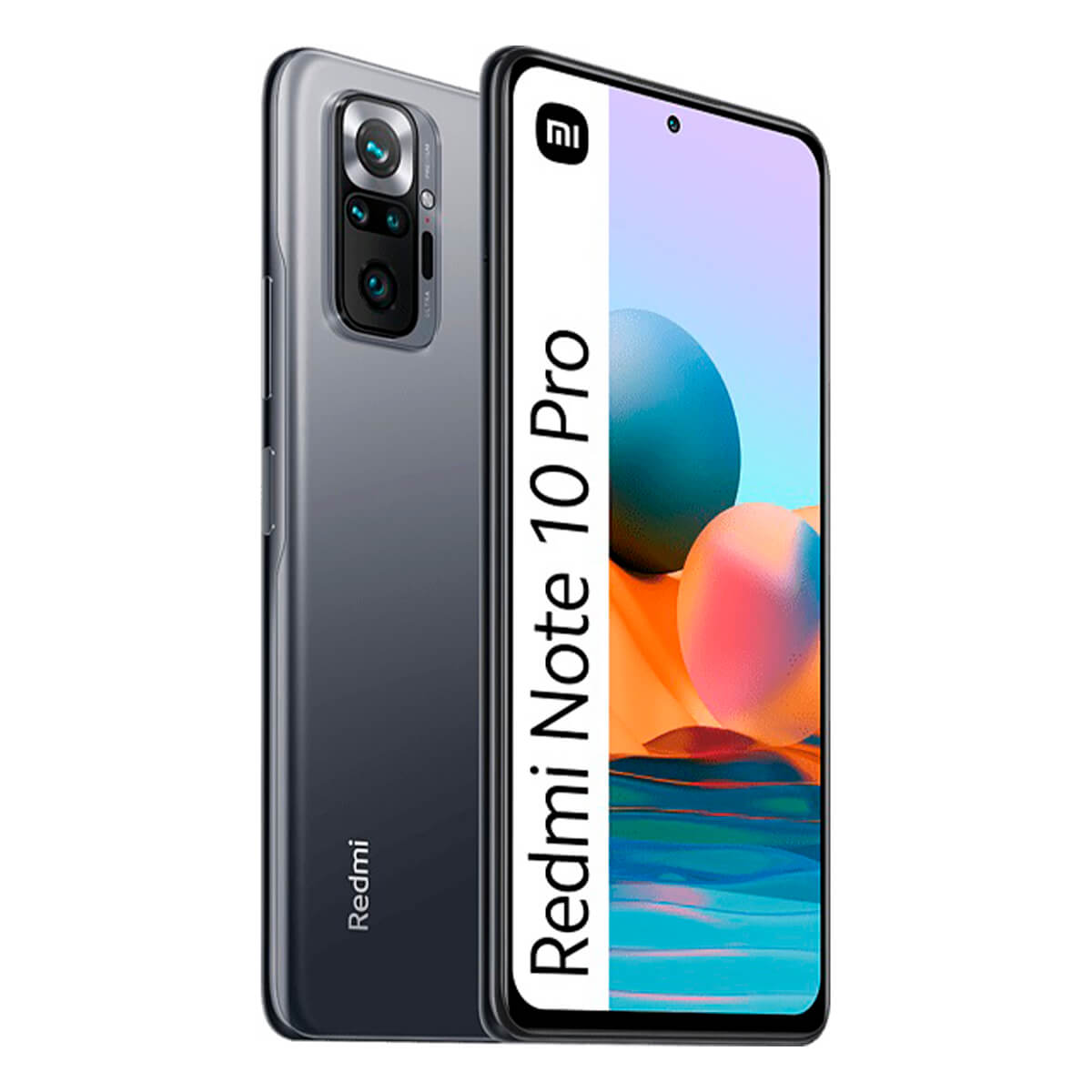 Szary smartfon Xiaomi Redmi Note 10 Pro z modułem aparatu i ekranem.